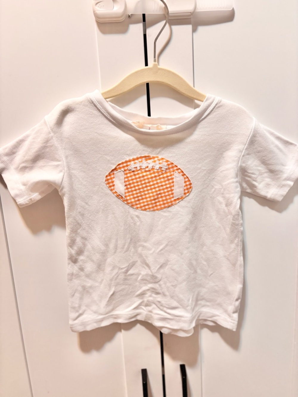 Hannah Kate White Kids Short-Sleeve Tee with Orange Gingham Football Applique